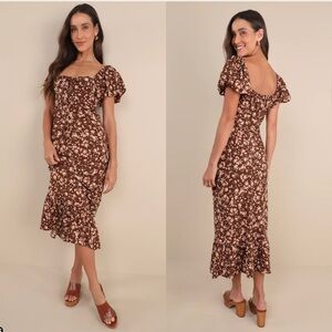 NWT Lulus Remarkably Flourishing Brown Floral Puff Sleeve Midi Dress Size L
